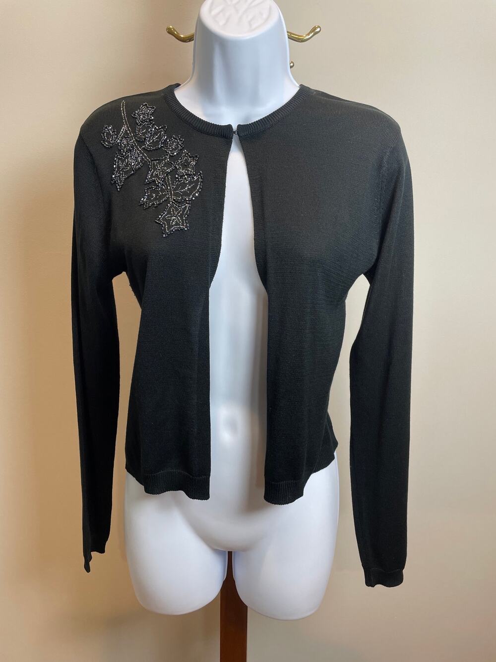 Liz Claiborne Silk Beaded Cardigan Size 10 Black Crew Neck Hook Closure